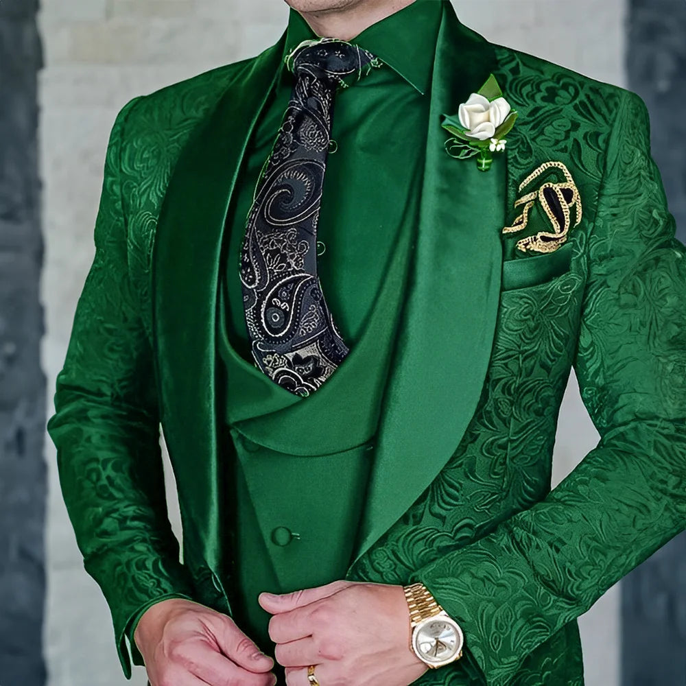Exquisitos trajes de jacquard de 3 piezas para hombre, conjuntos de novio de boda, bonito conjunto de traje con solapa y chal, ropa de baile, esmoquin Formal para negocios