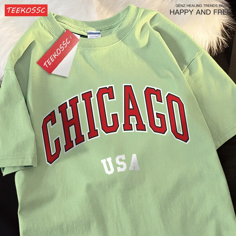 Camiseta gráfica de ciudad clásica de Chicago Usa para hombre, camisetas de calle con cuello redondo, ropa, camiseta informal de algodón de manga corta para pareja