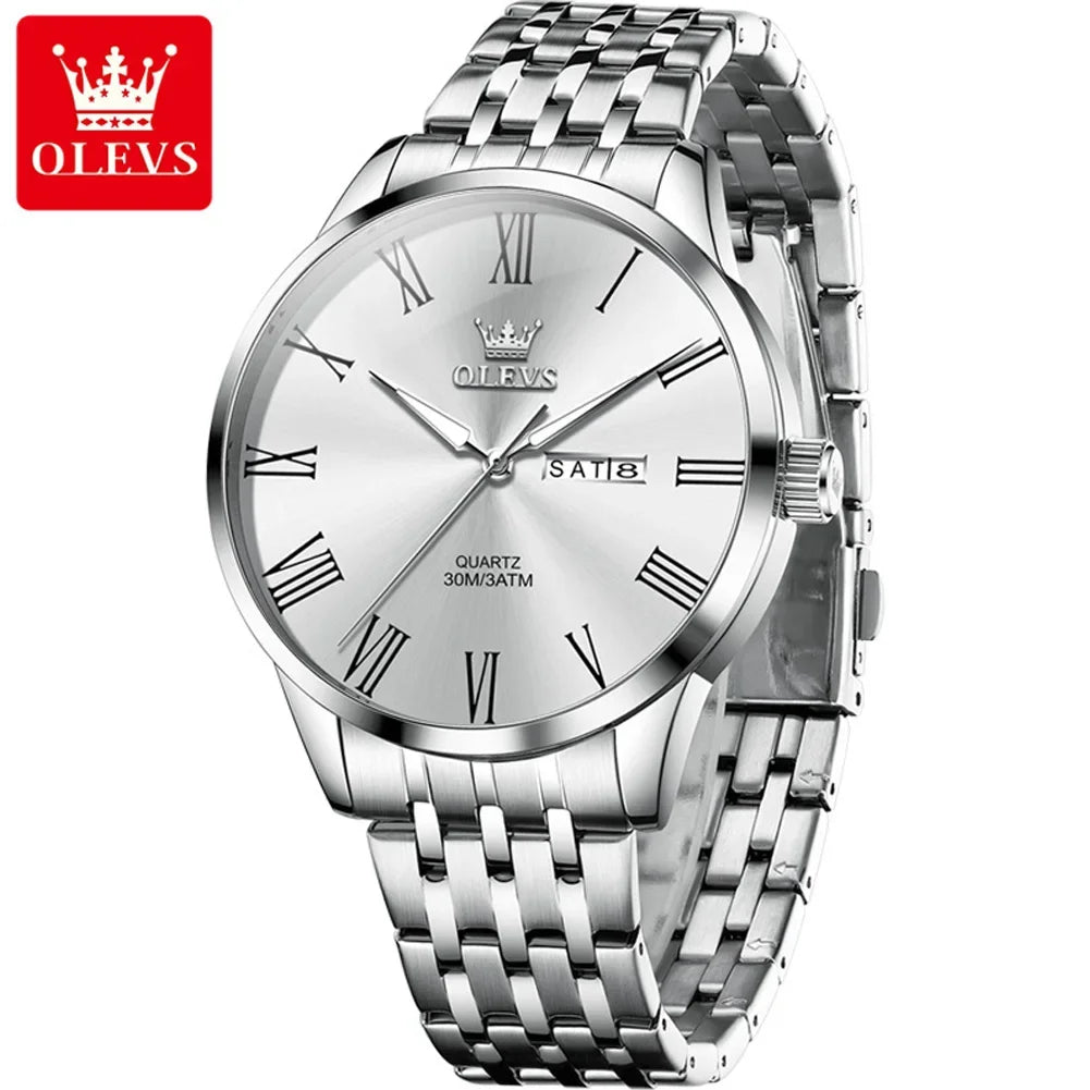 OLEVS, reloj minimalista de negocios de acero inoxidable para hombre, manecillas luminosas de lujo, calendario a escala romana, relojes de cuarzo resistentes al agua para hombre