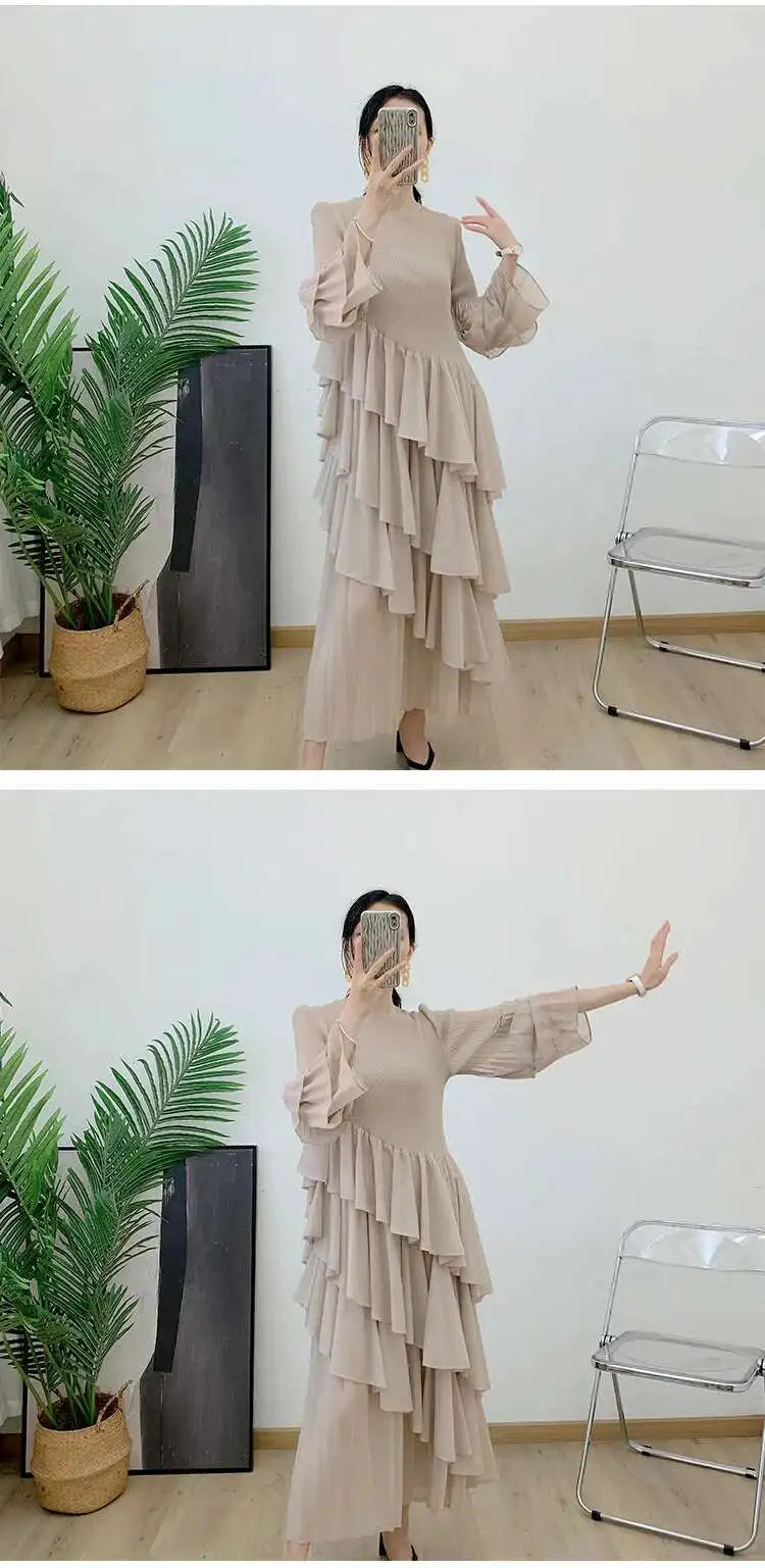 GVUW, vestido plisado para mujer, manga acampanada completa, línea A, volantes empalmados, cuello redondo, fiesta de noche, ropa elegante para mujer 17G4475