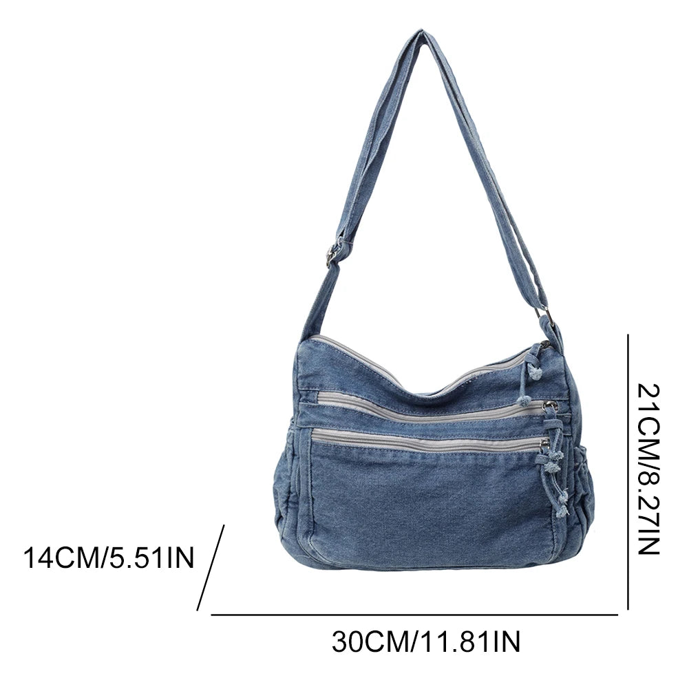 Bolso cruzado de mezclilla para mujer, bolso de hombro de gran capacidad, correa ajustable, bolso Vintage, bolsos de mensajero informales con múltiples bolsillos