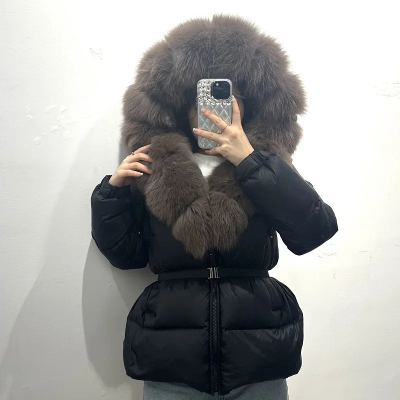 OFTBUY 2025 nueva ropa de invierno para mujer, abrigo de plumón de pato blanco, chaqueta con capucha de piel de zorro Natural, chaqueta acolchada cálida a la moda para mujer