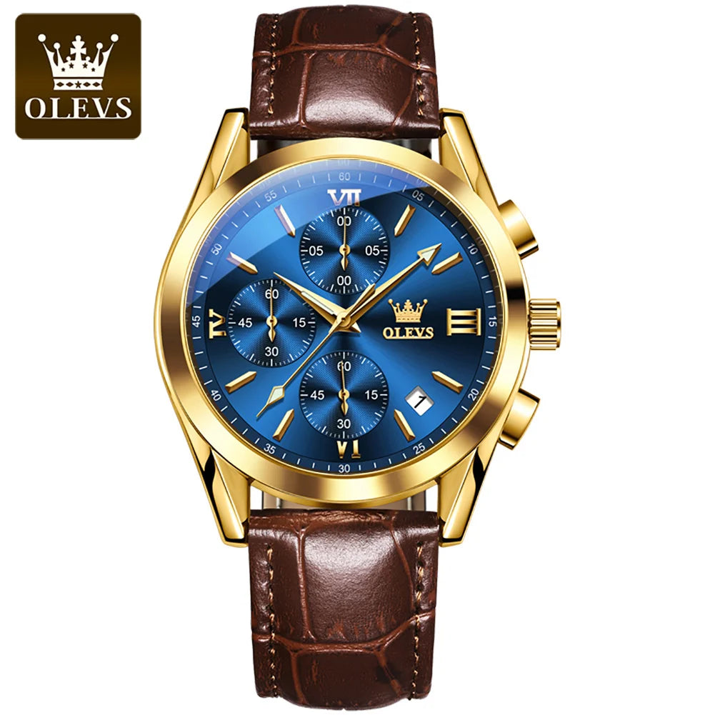 OLEVS Nuevo reloj de moda para hombre con correa de cuero marrón. Reloj impermeable con movimiento de cuarzo deportivo informal para hombre Orologio da uomo 2872