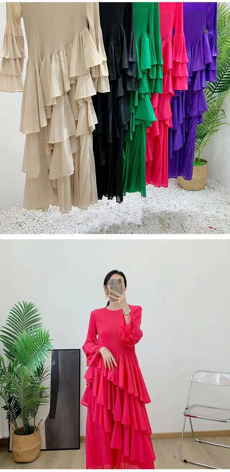 GVUW, vestido plisado para mujer, manga acampanada completa, línea A, volantes empalmados, cuello redondo, fiesta de noche, ropa elegante para mujer 17G4475