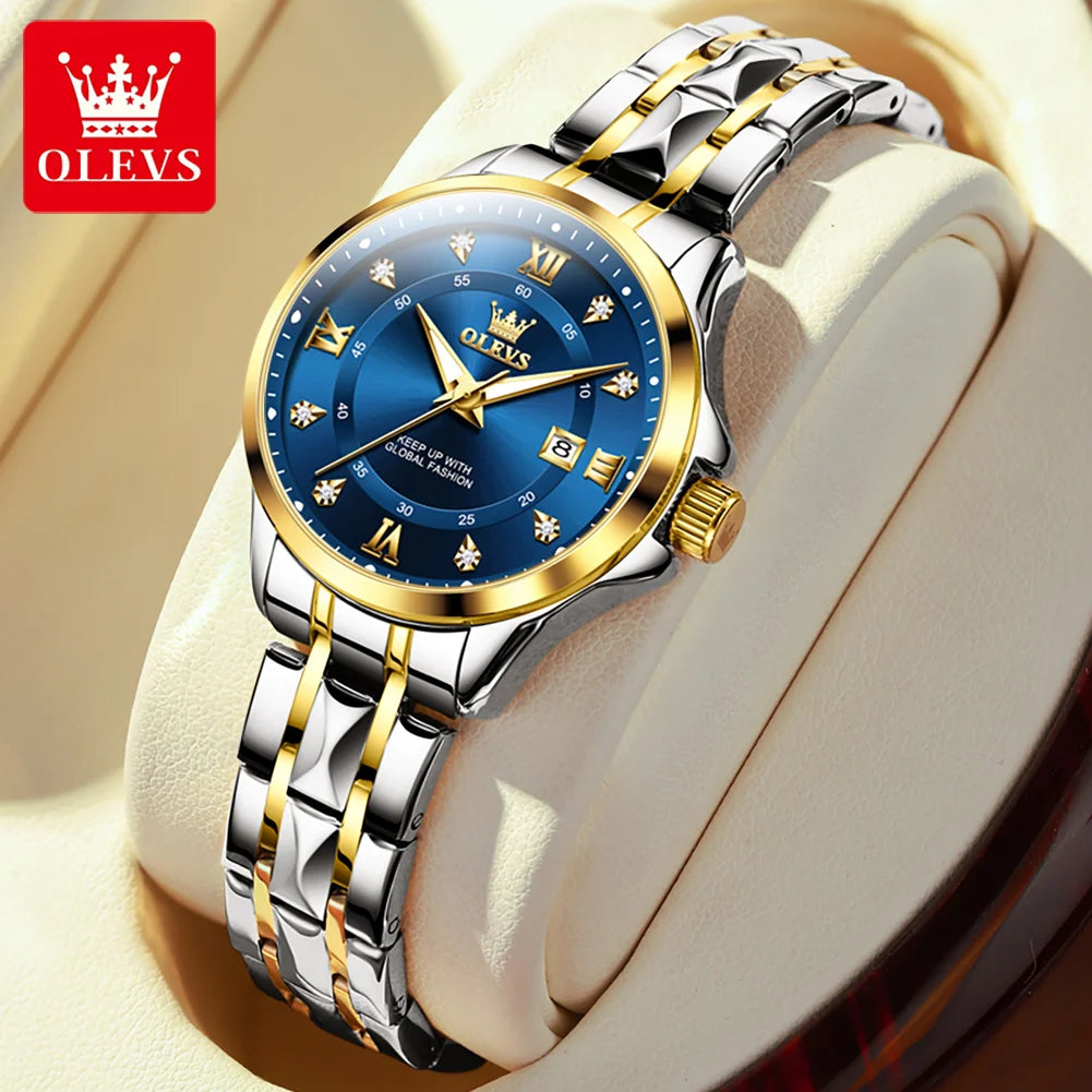 OLEVS, reloj de cuarzo Original superior para parejas, reloj de lujo con esfera de diamante a escala romana para hombres y mujeres, reloj de mano resistente al agua con correa de rombos