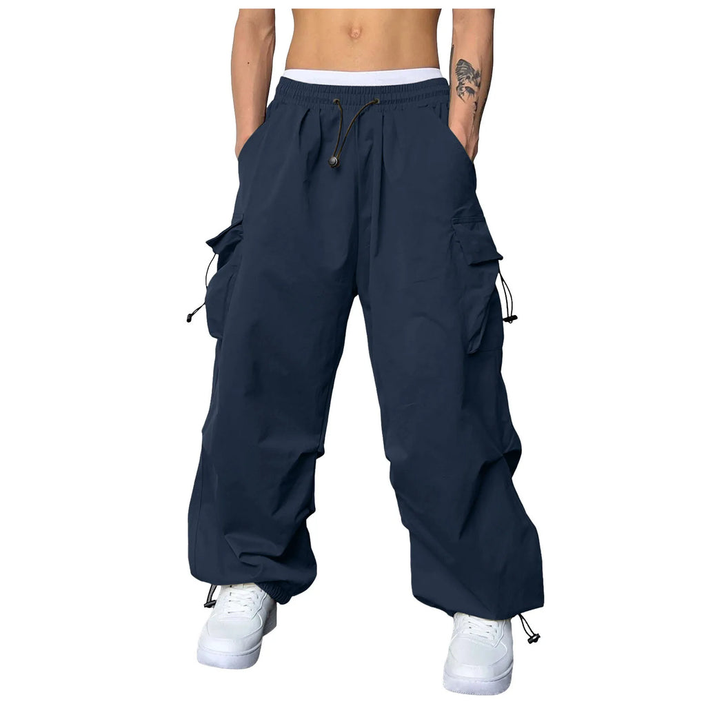 Pantalones Cargo deportivos informales para Hombre, ropa de calle con bolsillo tejido y cuerda para el pie, Pantalones sólidos, Pantalones holgados con múltiples bolsillos para Hombre