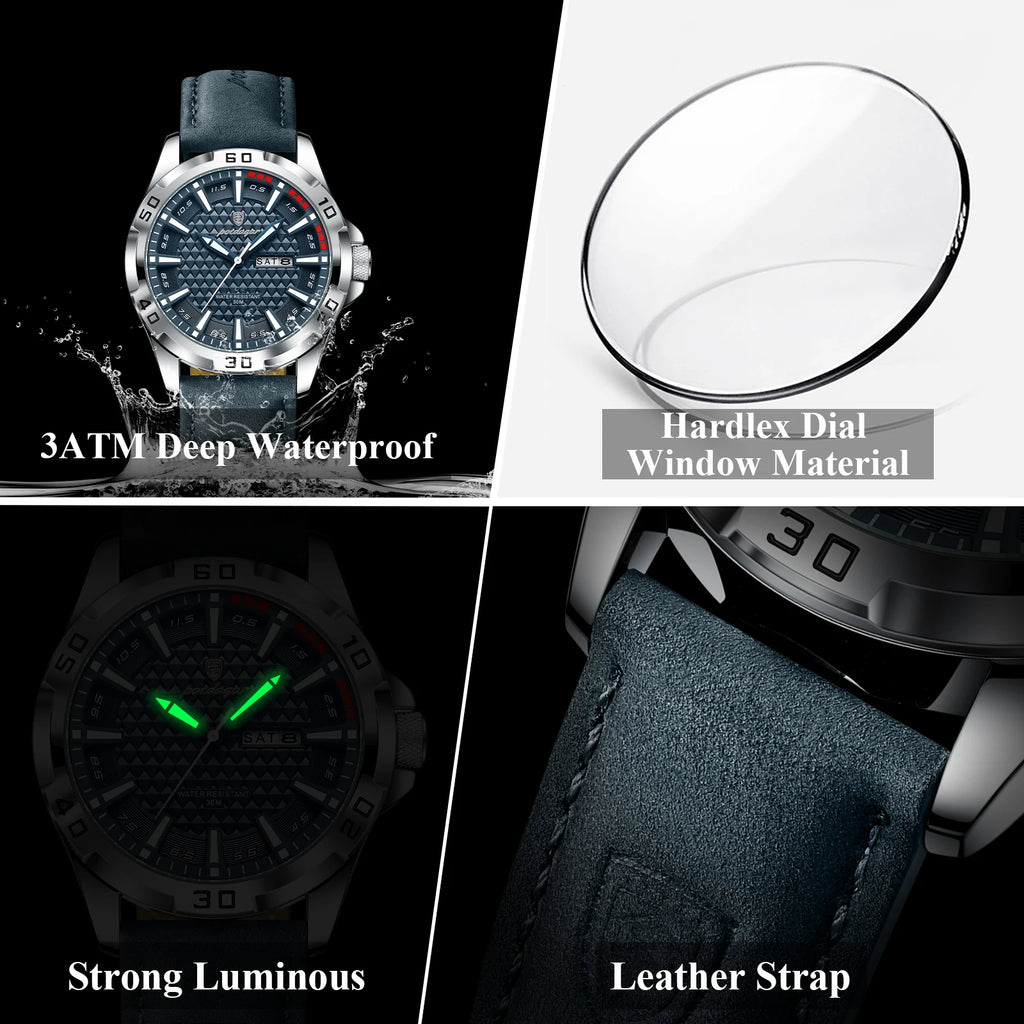 Reloj de pulsera POEDAGAR Original para hombre, Reloj de lujo resistente al agua con fecha luminosa y semana para hombre, relojes deportivos de cuero de cuarzo para hombre