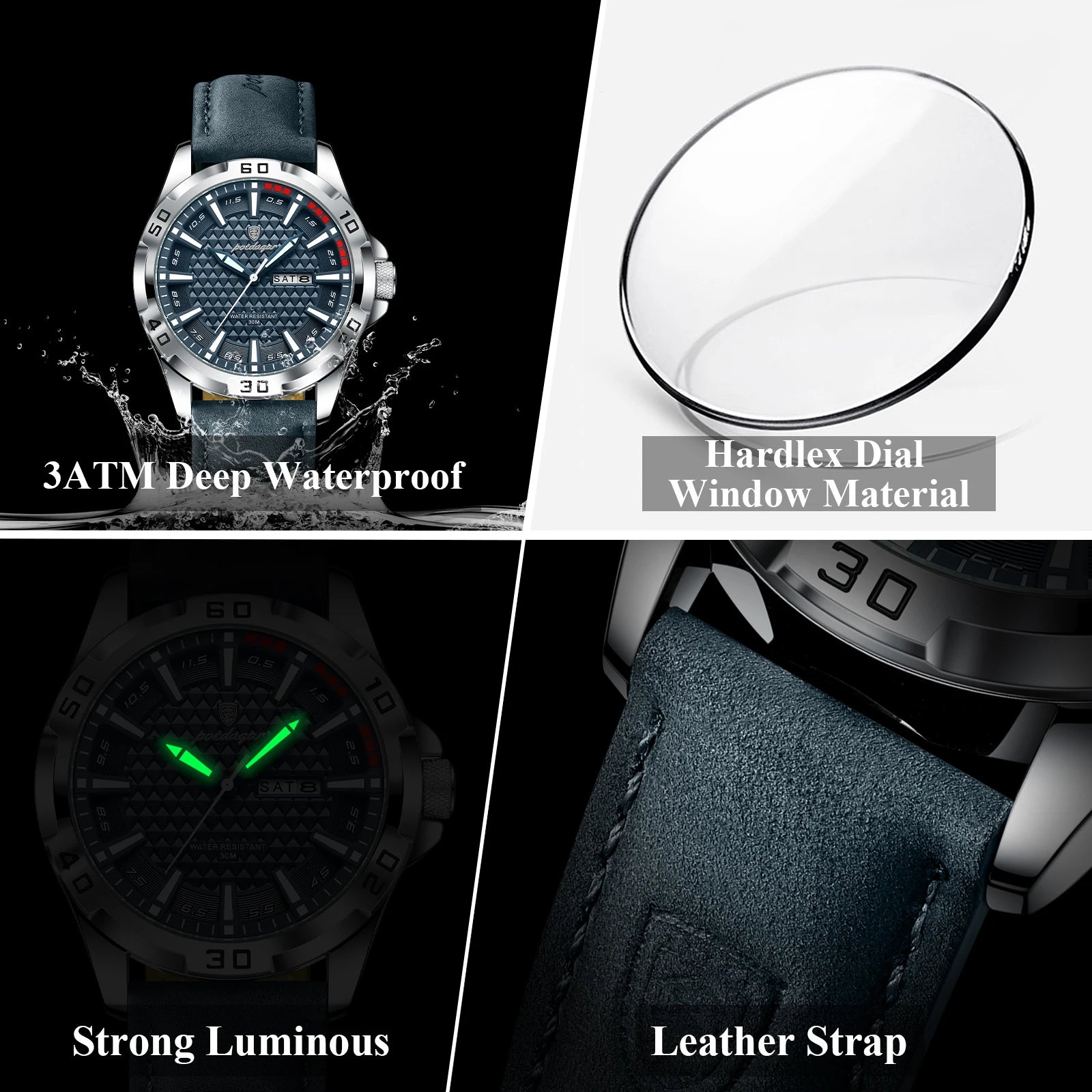 Reloj de pulsera POEDAGAR Original para hombre, Reloj de lujo resistente al agua con fecha luminosa y semana para hombre, relojes deportivos de cuero de cuarzo para hombre
