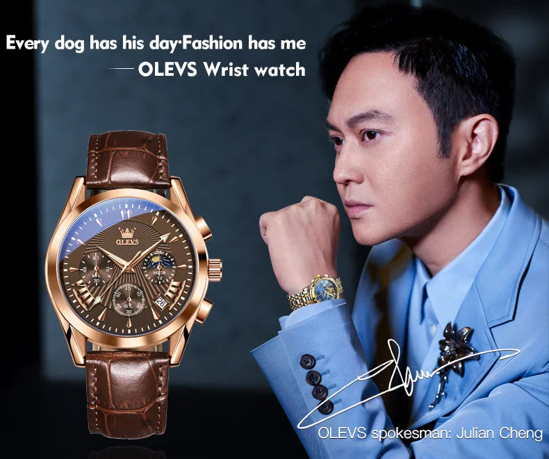 OLEVS 2876 reloj para hombre con correa de cuero reloj de cuarzo resistente al agua fase lunar luminosa relojes cronógrafo multifuncionales para regalo de hombre