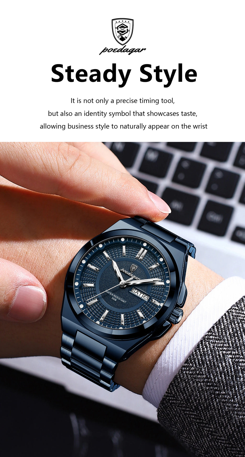 Reloj deportivo POEDAGAR Original para hombre, Reloj de pulsera de cuarzo con fecha y semana de lujo para hombre, relojes luminosos resistentes al agua de acero inoxidable para hombre