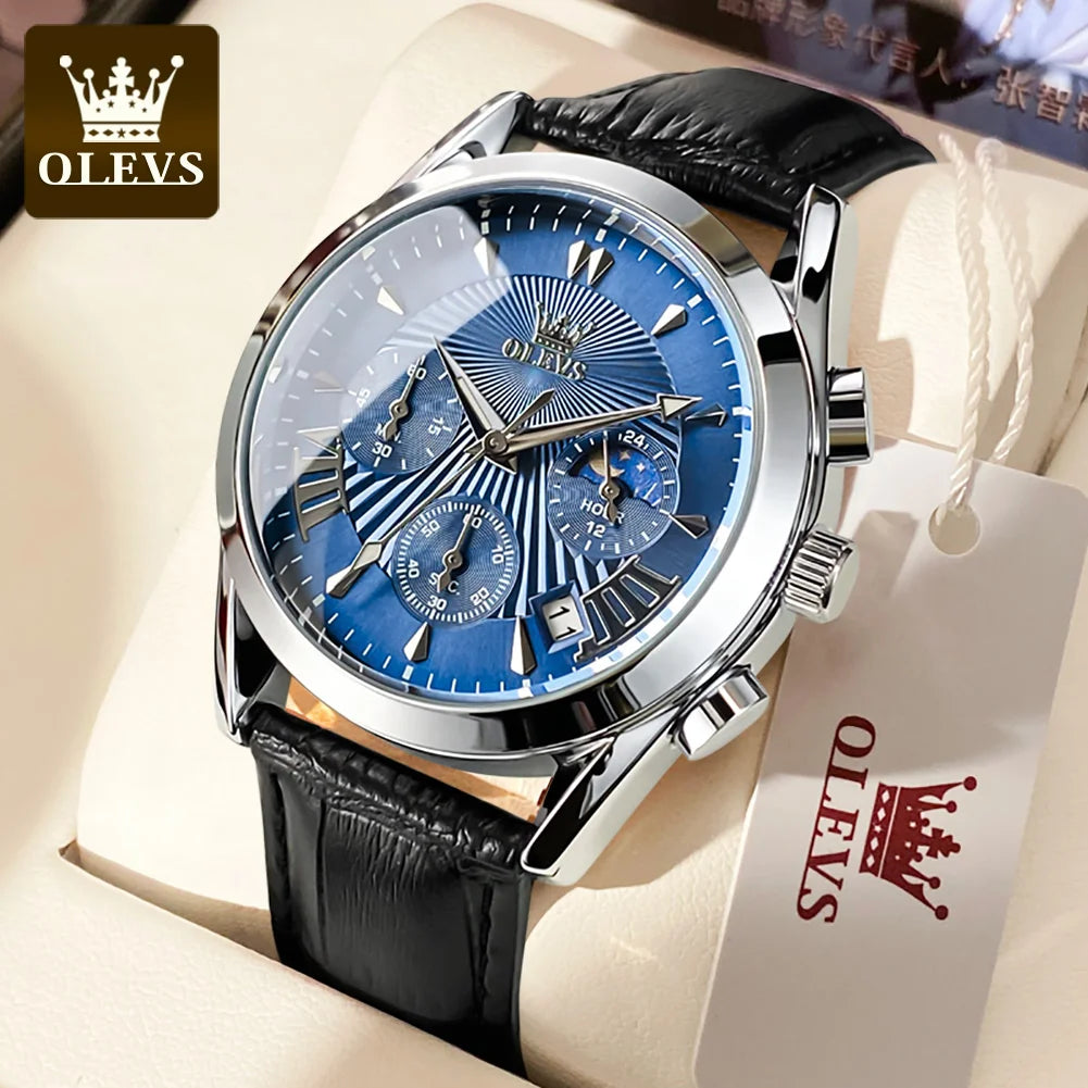 OLEVS 2876 reloj para hombre con correa de cuero reloj de cuarzo resistente al agua fase lunar luminosa relojes cronógrafo multifuncionales para regalo de hombre