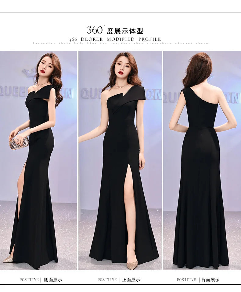 Vestido de noche de presentador, lujo ligero, vestido largo negro de un hombro de nicho, cola de pez, vestido de un hombro, mujer