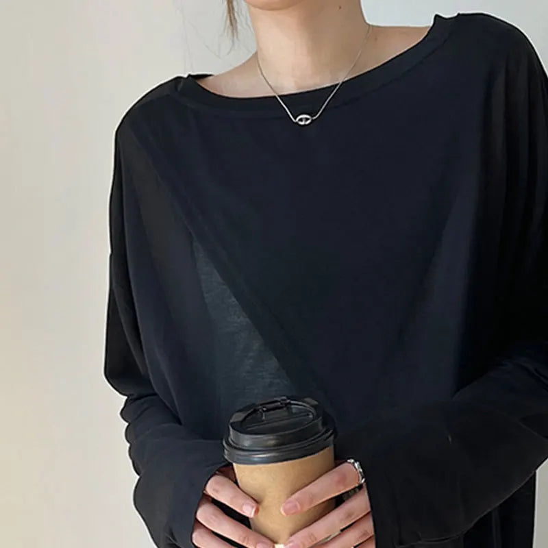 Verano elegante moda Harajuku Slim Fit ropa femenina suelta Casual todo fósforo camisetas sólido cuello redondo estilo fino camisetas de manga larga