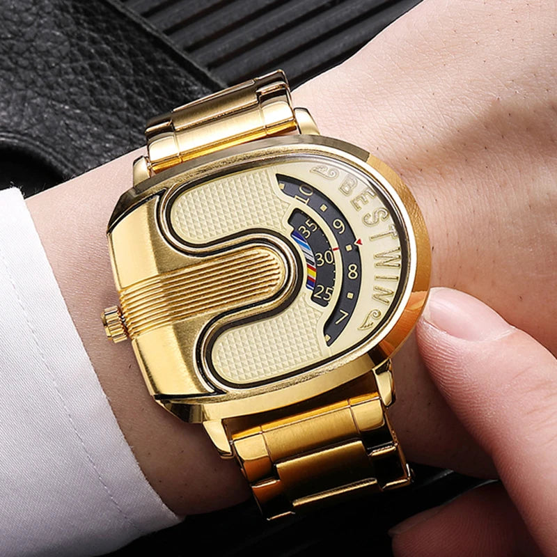 Relojes dorados de lujo para hombre, diseño único, banda de acero inoxidable, Dropship dorado, reloj masculino de alta calidad