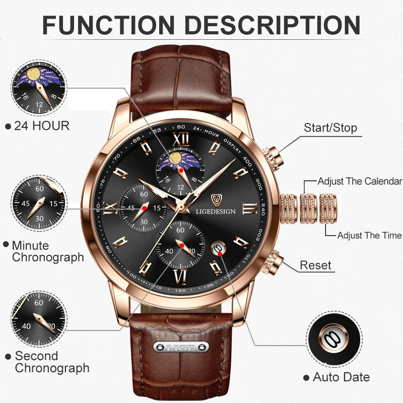 Nuevos relojes para hombre LIGE, marca superior, reloj de pulsera de lujo para hombre, reloj de cuarzo de cuero, reloj deportivo resistente al agua para hombre, reloj Masculino + caja