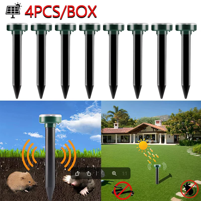 Ahuyentador Solar Ultrasónico de Roedores y Topos – IP44, LED, Pack x4