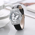 Reloj de cuarzo de cuero con diamantes de imitación de cristal brillante y mariposa giratoria para mujer a la moda