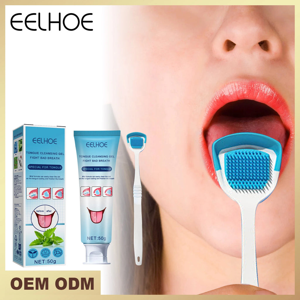 Gel Limpiador de Lengua EELHOE con Cepillo – Menta y Pera, Higiene Bucal Profunda