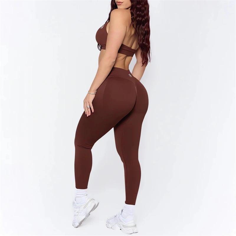 Bum-Conjuntos de Yoga para mujer, mallas moldeadoras con fruncido en la parte de atrás y Sujetador deportivo de impacto, trajes sin costuras, conjunto de sujetador Halter Sexy para gimnasio, 2025