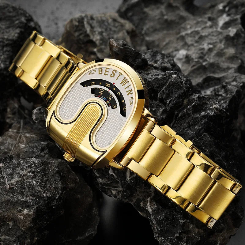 Relojes dorados de lujo para hombre, diseño único, banda de acero inoxidable, Dropship dorado, reloj masculino de alta calidad
