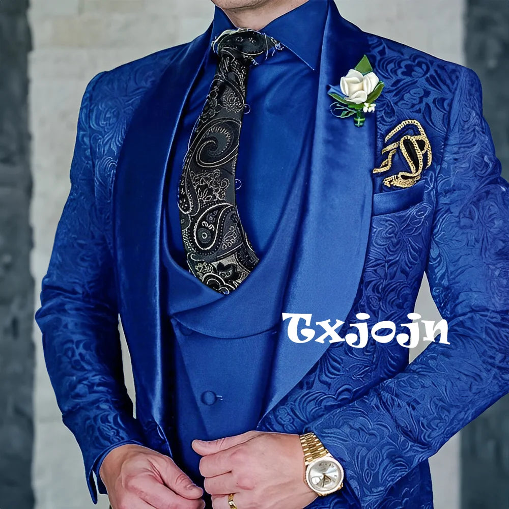 Exquisitos trajes de jacquard de 3 piezas para hombre, conjuntos de novio de boda, bonito conjunto de traje con solapa y chal, ropa de baile, esmoquin Formal para negocios
