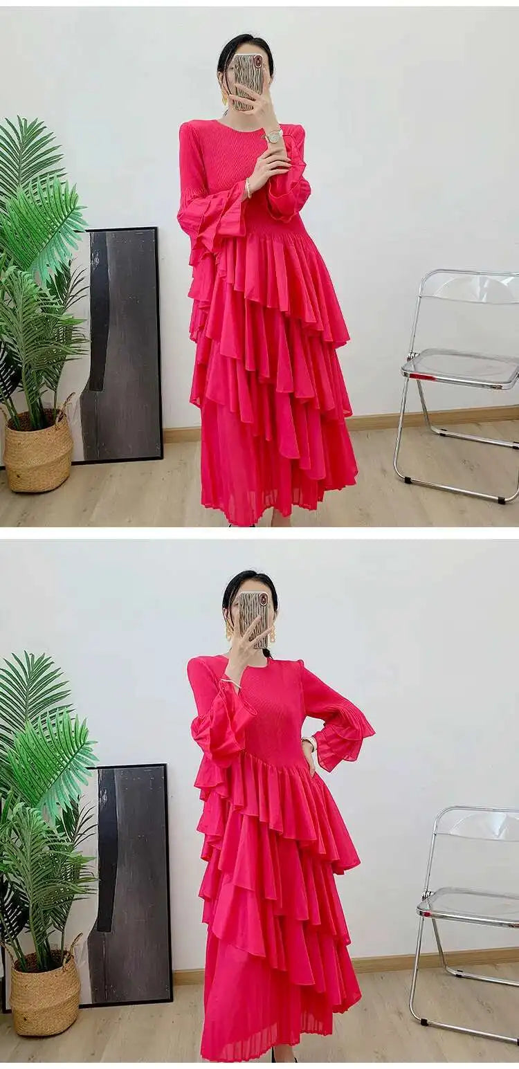 GVUW, vestido plisado para mujer, manga acampanada completa, línea A, volantes empalmados, cuello redondo, fiesta de noche, ropa elegante para mujer 17G4475