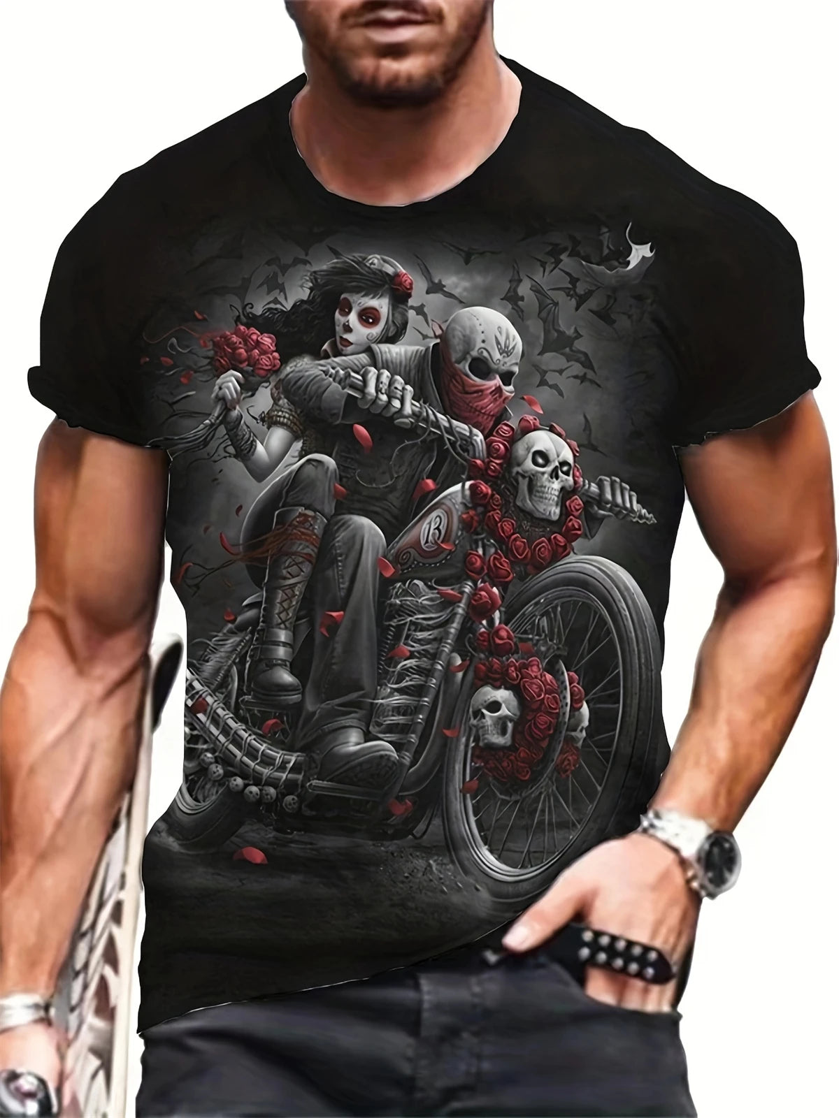 Camiseta de manga corta con estampado 3D de cabeza de calavera para hombre, camiseta de cuello redondo de estilo Punk, ropa de gran tamaño para exteriores de verano, novedad