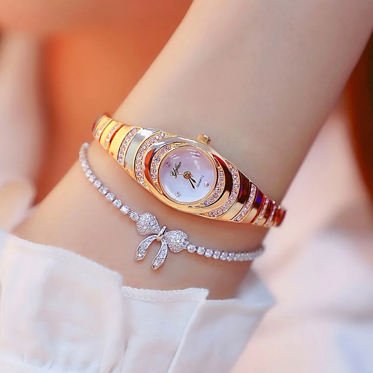 2 uds nuevo reloj de mujer simple con diamantes de imitación esfera redonda conjunto de reloj de cuarzo de aleación