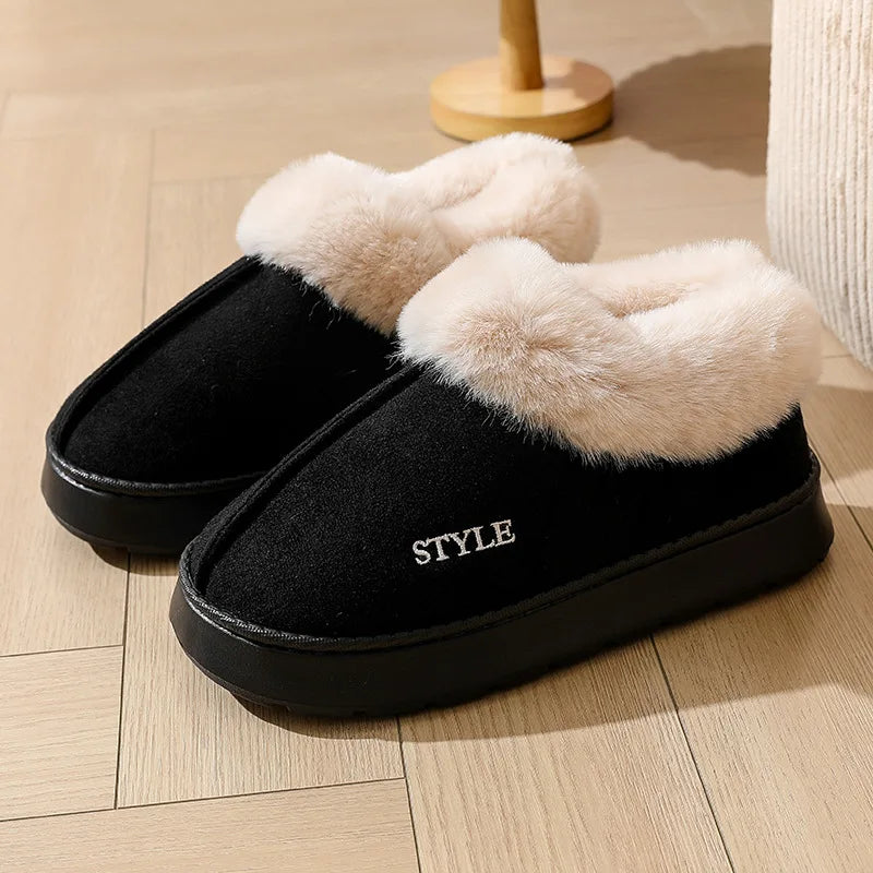2025 botas de invierno de piel sintética rosa para el hogar para mujer nuevas botas cortas de nieve de gamuza sintética zapatos acolchados cálidos de fondo grueso antideslizantes de felpa para mujer