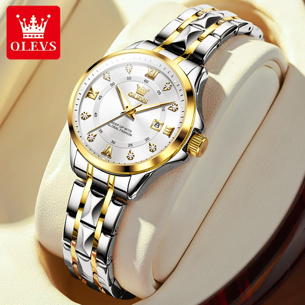 OLEVS, reloj de cuarzo Original superior para parejas, reloj de lujo con esfera de diamante a escala romana para hombres y mujeres, reloj de mano resistente al agua con correa de rombos