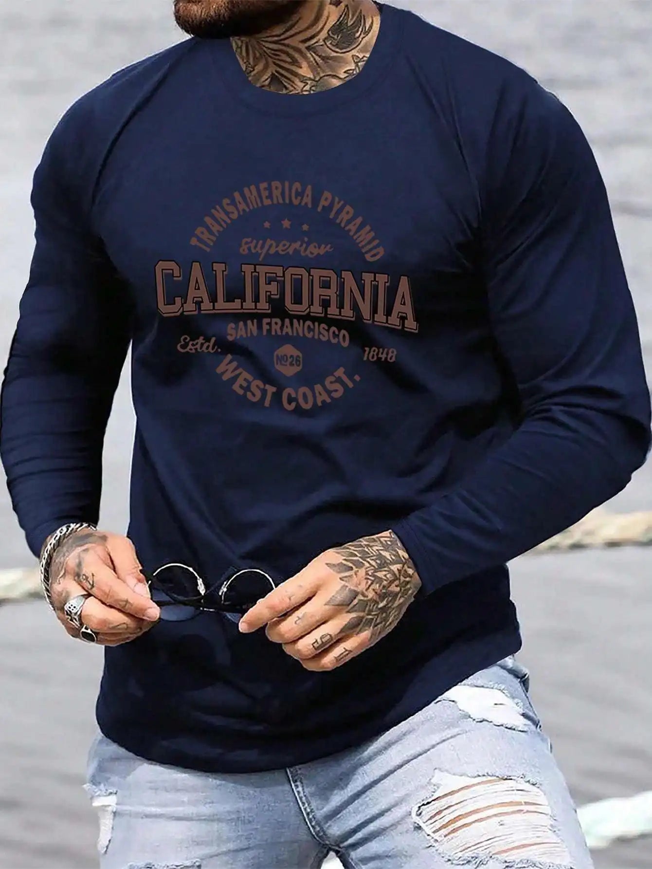 Men's 100% Pure Cotton Loose and Comfortable T-shirt, Long-Sleeve Crew Neck California Letter Print T-shirt for Sports and Leisure