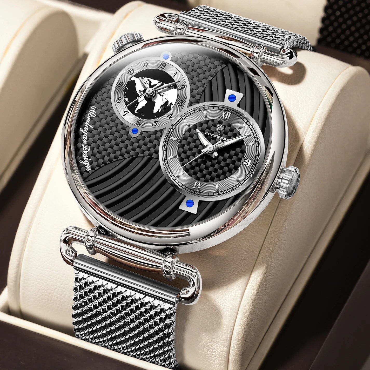 Reloj de hombre POEDAGAR de moda con doble zona horaria, resistente al agua, con fecha, deportivo, de malla de acero inoxidable, de cuarzo + caja.