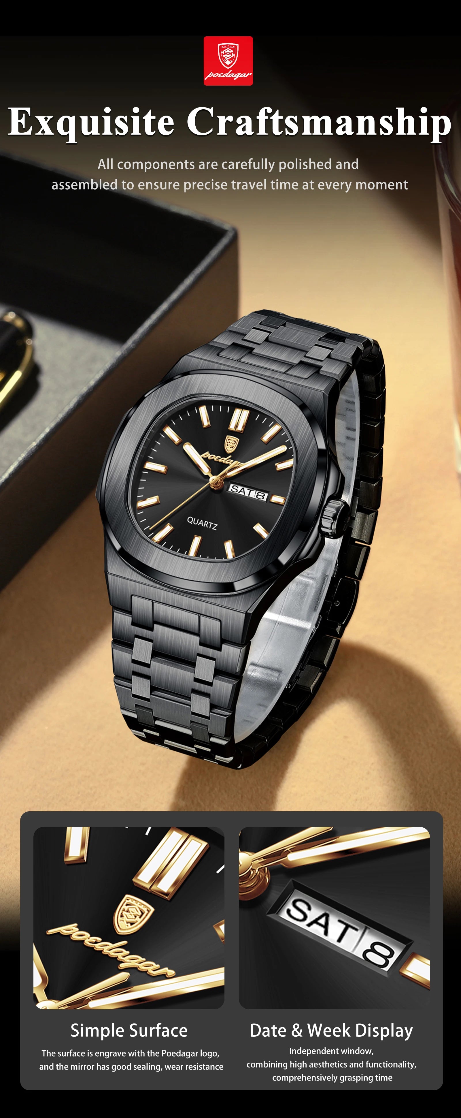 POEDAGAR, relojes cuadrados de lujo para hombre, Reloj luminoso resistente al agua con fecha y semana para hombre, Reloj de pulsera de cuarzo a la moda de acero inoxidable para hombre