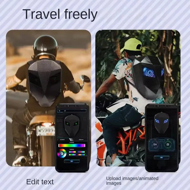 Mochila LED para Motociclistas con Ojos Brillantes, Textura de Fibra de Carbono, Casco, Mochila Escolar, Mochila para Portátil de Moto