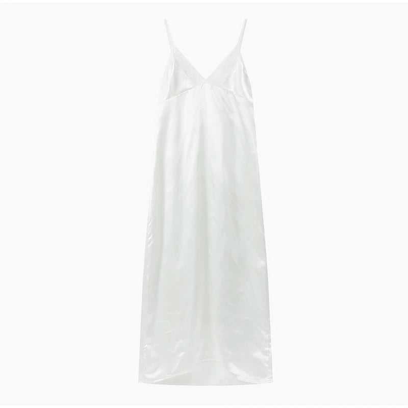Vestido largo elegante de encaje con retazos para mujer, vestido Sexy con cuello en V sin mangas y espalda descubierta de satén, vestido largo ajustado, vestidos de fiesta de noche para mujer 2025