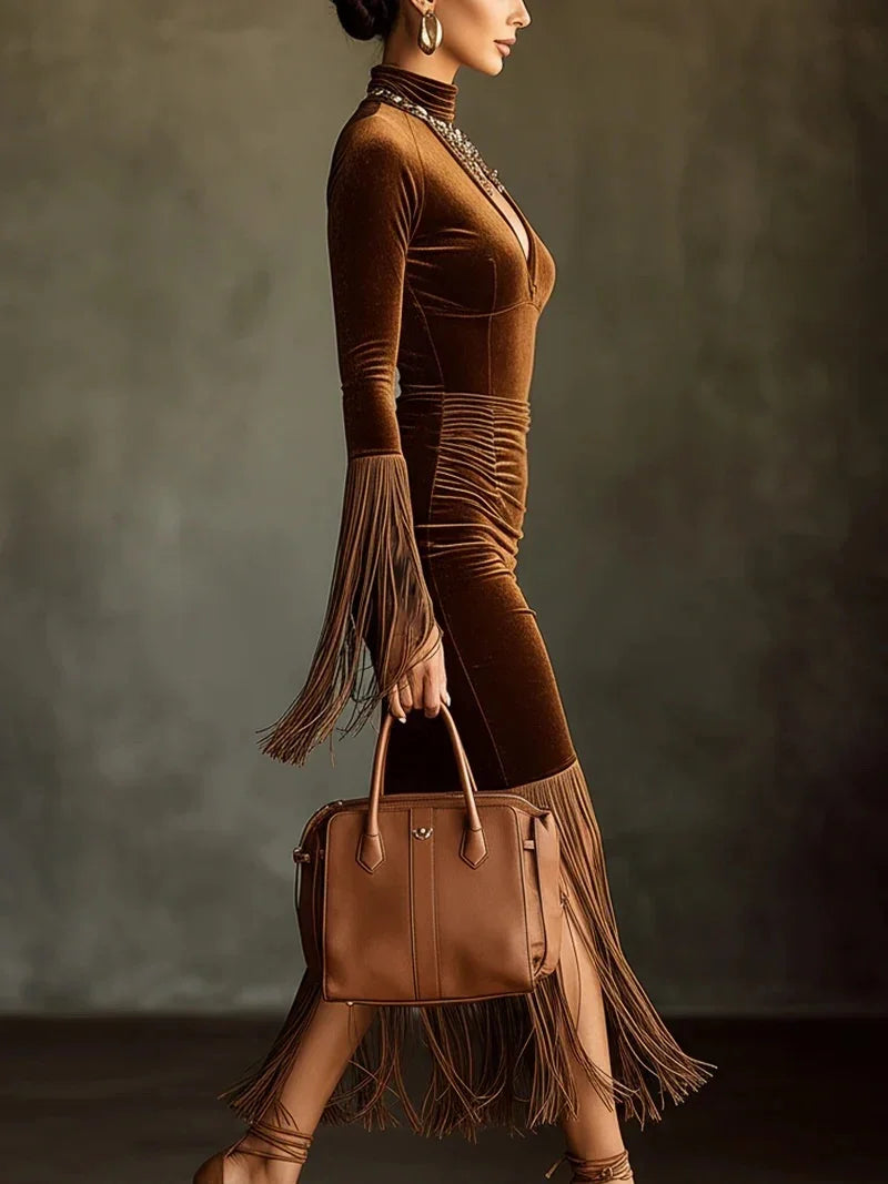 Vestido ceñido al cuerpo con pliegues de terciopelo para mujer, vestido elegante con escote en V profundo y empalme de borlas, vestido de fiesta de noche de manga larga, vestido largo con dobladillo con flecos
