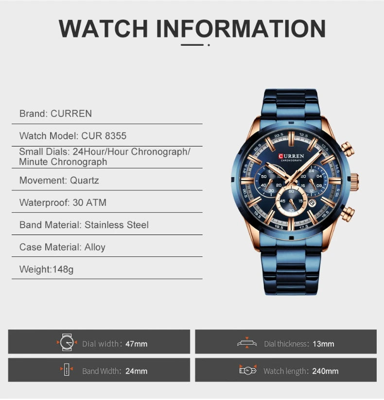 Reloj de pulsera CURREN de Cuero militar de lujo de la mejor marca, relojes deportivos informales para hombres, reloj de pulsera azul para hombre, reloj de pulsera cronógrafo de moda