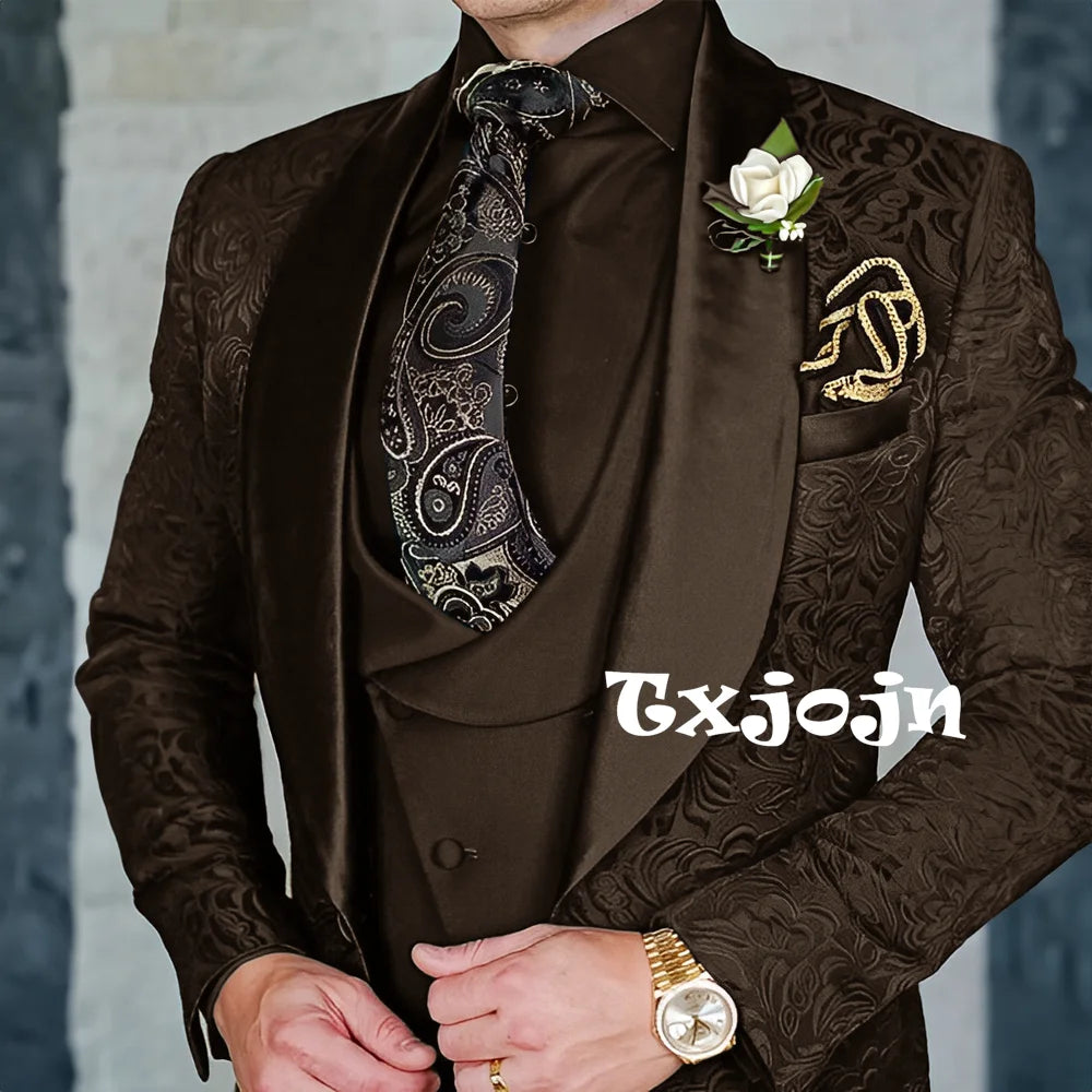 Exquisitos trajes de jacquard de 3 piezas para hombre, conjuntos de novio de boda, bonito conjunto de traje con solapa y chal, ropa de baile, esmoquin Formal para negocios
