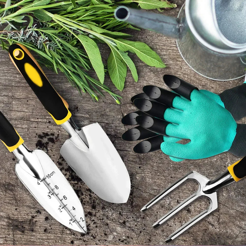 Juego de Herramientas de jardín con paleta, rastrillo de mano cultivador, paleta de trasplante, guantes de jardinería para deshierbe, aflojamiento del suelo, paquete de 4