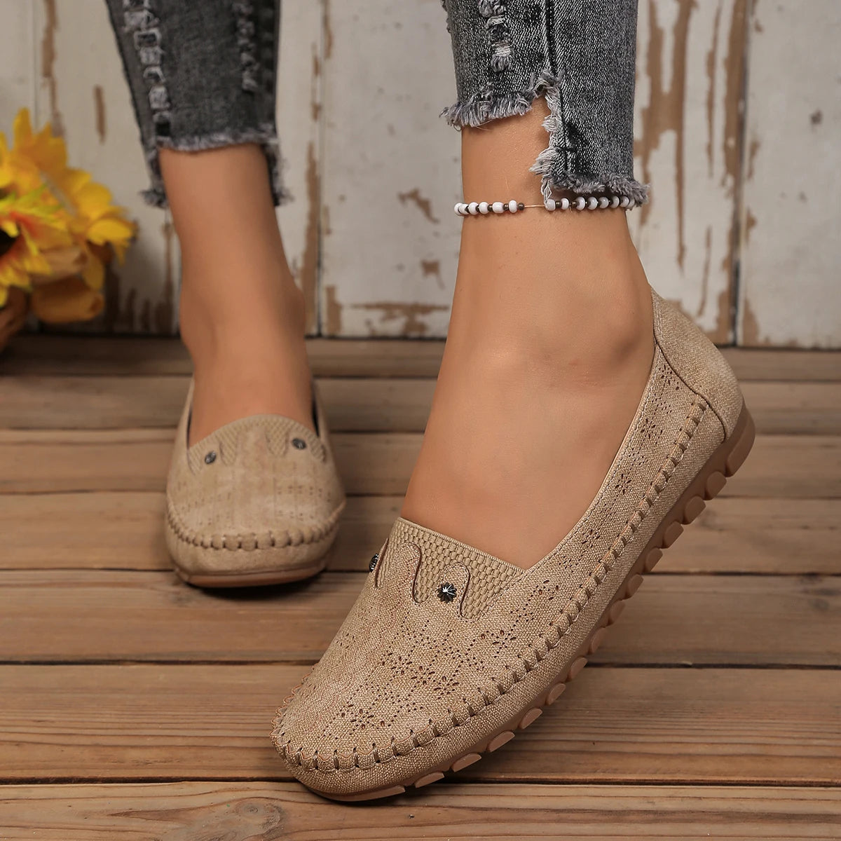 Goreyodoly, mocasines para mujer, diseño floral hueco, zapatos planos sin cordones, transpirables, ligeros, informales, para caminar, suaves y antideslizantes