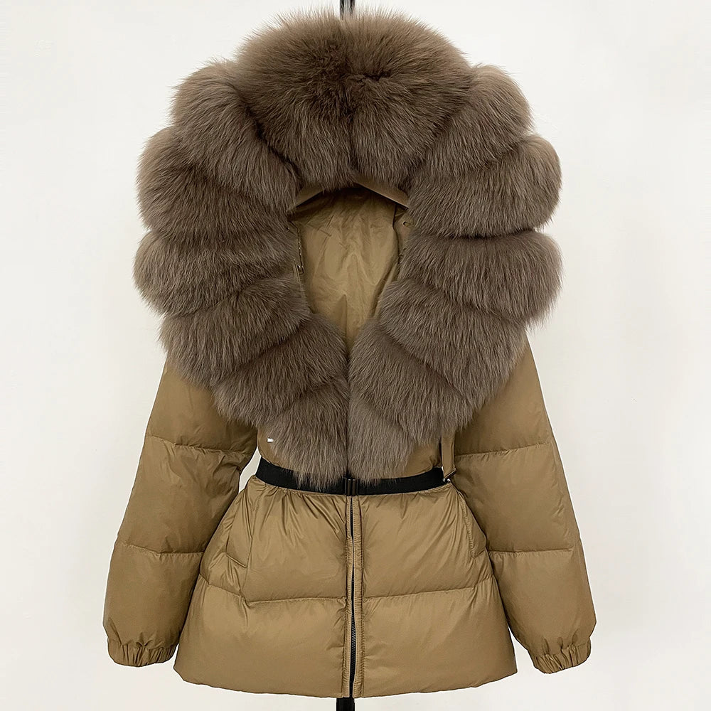 OFTBUY 2025 nueva ropa de invierno para mujer, abrigo de plumón de pato blanco, chaqueta con capucha de piel de zorro Natural, chaqueta acolchada cálida a la moda para mujer