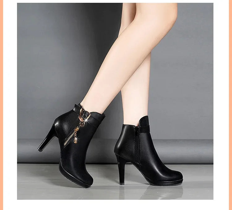 Botas cortas sexis de tacón alto con punta redonda para mujer, moda de invierno, nuevo estilo, diseño Simple, tacón fino, cierre de cremallera, Color sólido