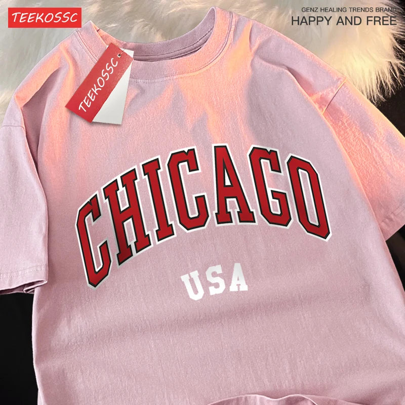 Camiseta gráfica de ciudad clásica de Chicago Usa para hombre, camisetas de calle con cuello redondo, ropa, camiseta informal de algodón de manga corta para pareja