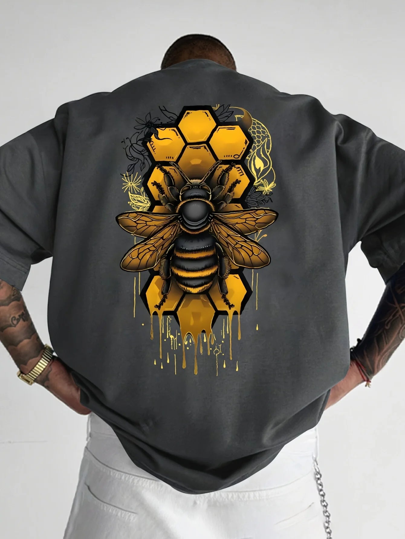 Camiseta de manga corta con cuello redondo y estampado de abeja deportiva holgada informal a la moda de algodón puro 100% para hombre