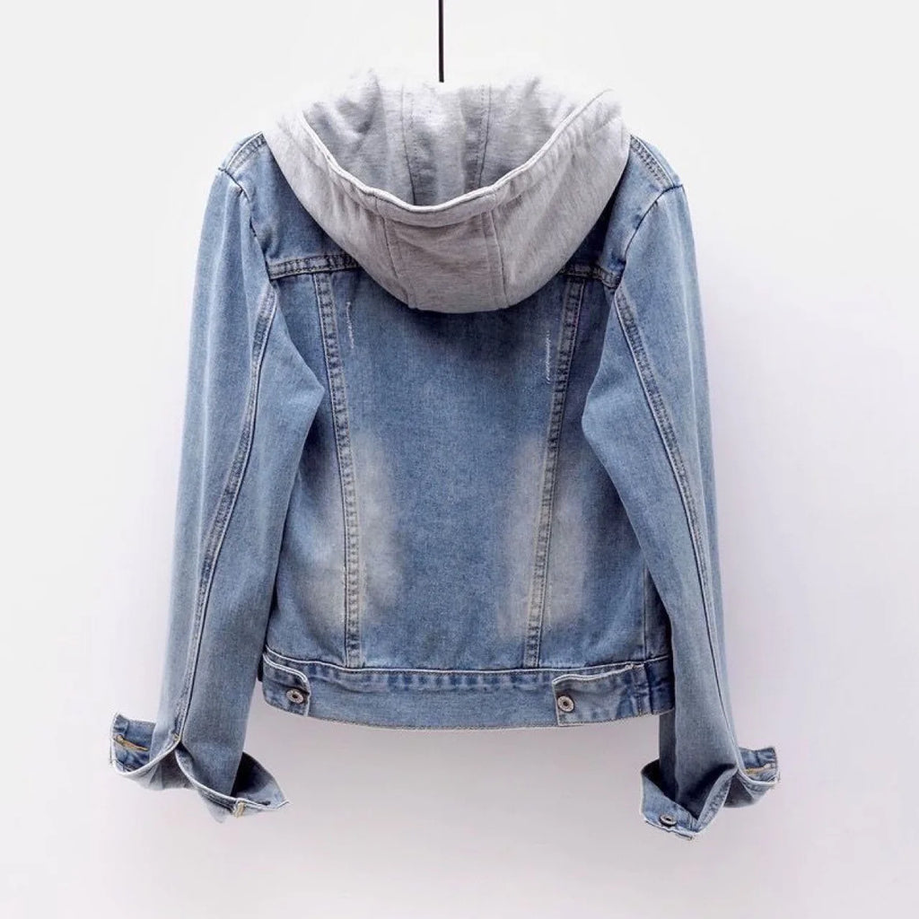 Chaqueta corta de mezclilla para mujer corta Otoño Invierno coreano de manga larga delgada con capucha versátil