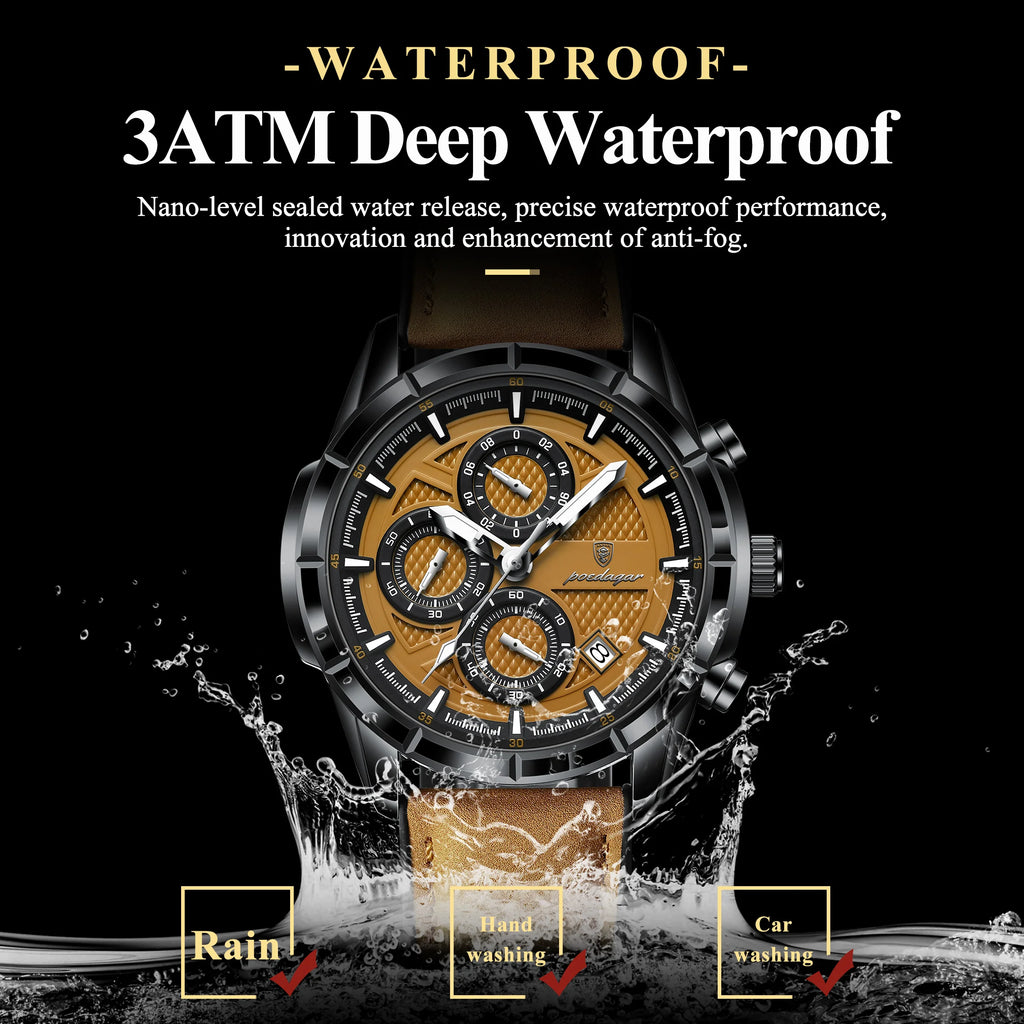 Reloj de pulsera POEDAGAR de lujo para hombre, relojes de cuarzo de cuero originales para hombre, cronógrafo con fecha, reloj luminoso resistente al agua para hombre + caja