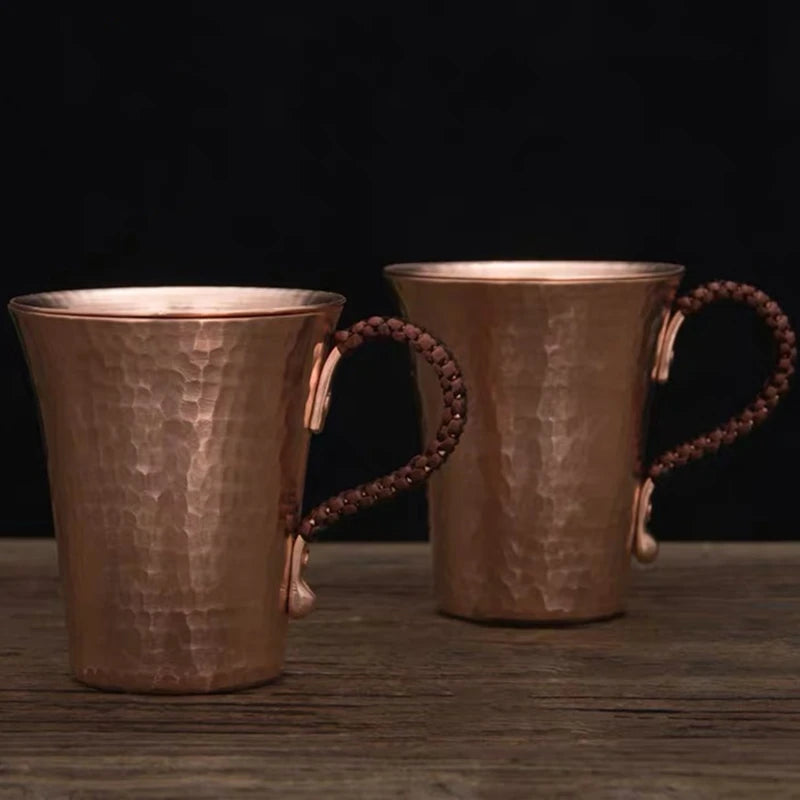 Taza de café y tapa de cerveza de cobre puro, taza de leche con disco, mango tejido Retro hecho a mano, vasos para beber de 350ml, regalos para parejas