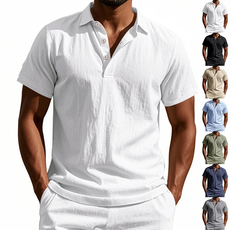 Camisa POLO de manga corta de lino y algodón de alta calidad para hombre, camisa informal holgada y cómoda, camisetas de verano con botones y cuello vuelto