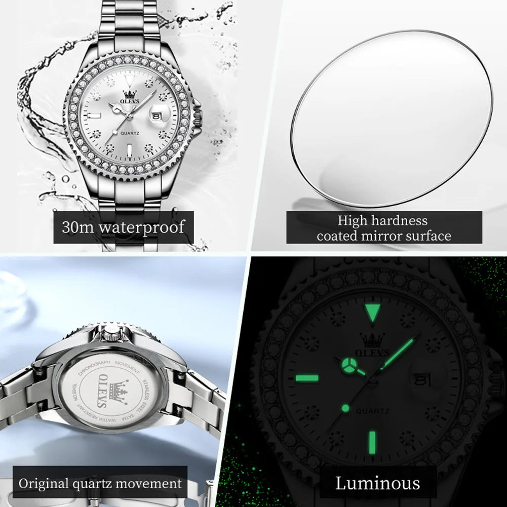 Reloj de cuarzo OLEVS Original con esfera de diamantes para mujer, relojes de moda para mujer, reloj de pulsera luminoso resistente al agua de acero inoxidable para mujer