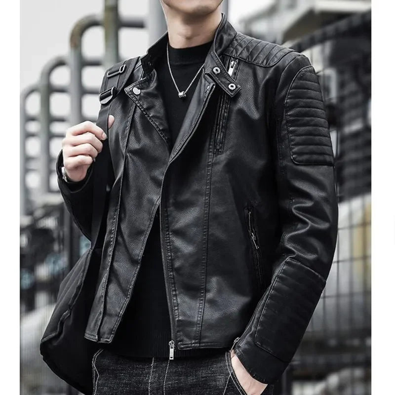 Chaqueta ajustada de marca para Hombre, abrigo de cuero negro a prueba de viento, Color sólido, moda de motocicleta, Invierno